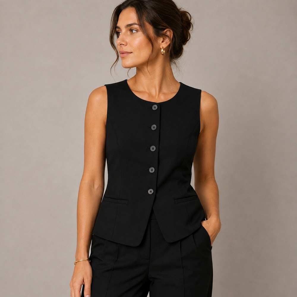 Montgomery Post Zahra Vest Black Button Front Tailored Waistcoat NWT Large